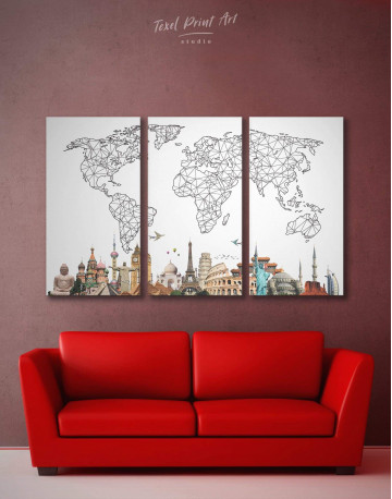 3 Pieces Geometric World Map with Landmarks Canvas Wall Art