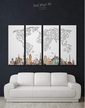 4 Pieces Geometric World Map with Landmarks Canvas Wall Art