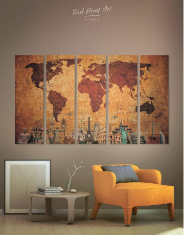 5 Pieces Ancient Style World Map Canvas Wall Art