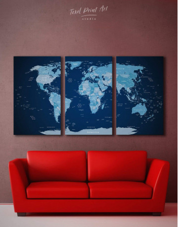 3 Panels Deep Blue Push Pin World Map Canvas Wall Art