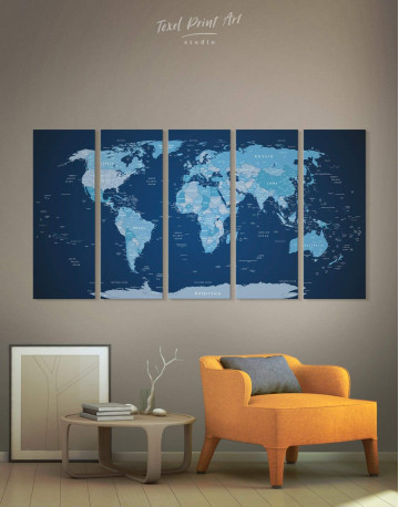 5 Pieces Deep Blue Push Pin World Map Canvas Wall Art