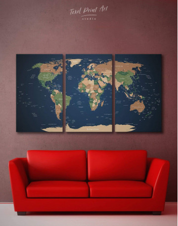 3 Pieces Blue Travel World Map Canvas Wall Art