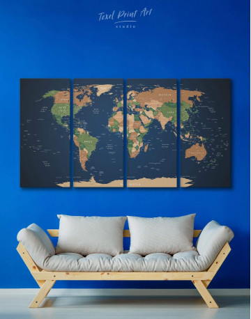 4 Panels Blue Travel World Map Canvas Wall Art