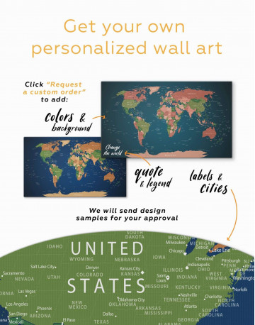4 Panels Blue Travel World Map Canvas Wall Art - image 1