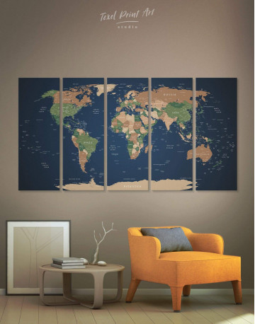 5 Pieces Blue Travel World Map Canvas Wall Art