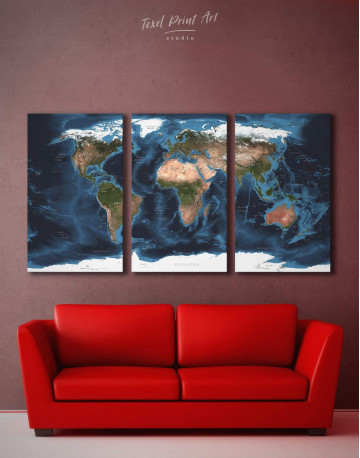 3 Panels Physical Map of the World Canvas Wall Art