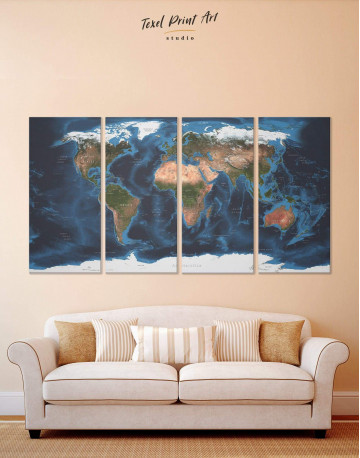4 Pieces Physical Map of the World Canvas Wall Art