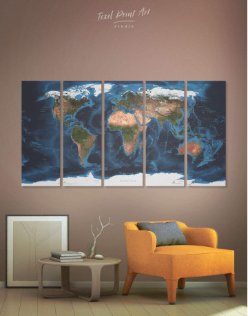 5 Panels Physical Map of the World Canvas Wall Art