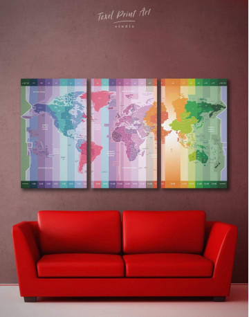 3 Pieces Multicolor World Time Zone Map Canvas Wall Art