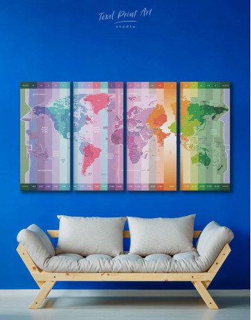 4 Pieces Multicolor World Time Zone Map Canvas Wall Art