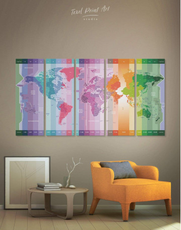 5 Pieces Multicolor World Time Zone Map Canvas Wall Art