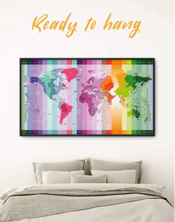 Framed Multicolor World Time Zone Map Canvas Wall Art