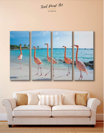 4 Panels Coast and Flamingo Canvas Wall Art