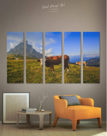 5 Panels Cows on Pasture Canvas Wall Art