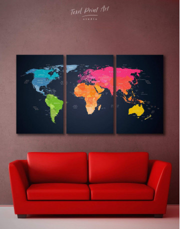 3 Pieces Multicolor Push Pin World Map Canvas Wall Art