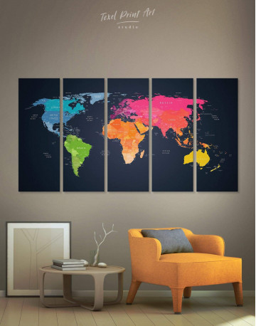 5 Pieces Multicolor Push Pin World Map Canvas Wall Art