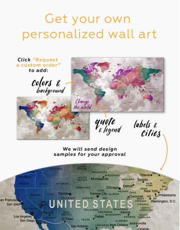3 Panels Watercolor Push Pin World Map Canvas Wall Art - image 1