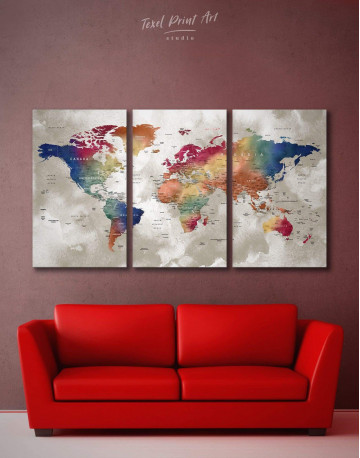 3 Panels Watercolor Push Pin World Map Canvas Wall Art