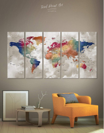 5 Panels Watercolor Push Pin World Map Canvas Wall Art