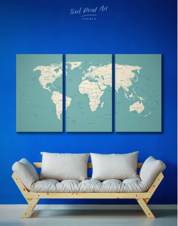 3 Panels Modern Turquoise Push Pin Travel Map Canvas Wall Art