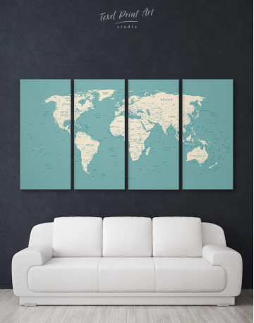 4 Panels Modern Turquoise Push Pin Travel Map Canvas Wall Art