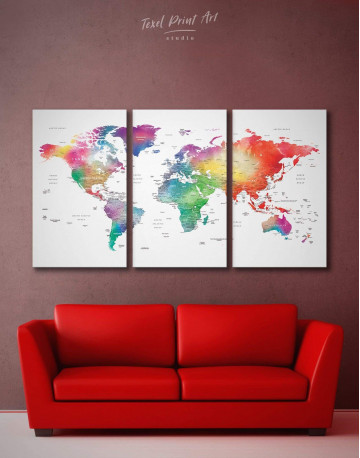 3 Panels Bright World Map With Push Pins Canvas Wall Art