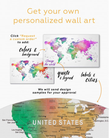 3 Panels Bright World Map With Push Pins Canvas Wall Art - image 1