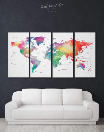 4 Panels Bright World Map With Push Pins Canvas Wall Art