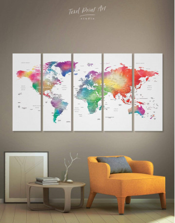 5 Pieces Bright World Map With Push Pins Canvas Wall Art