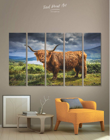 5 Panels Highland Cow on Pasture Canvas Wall Art
