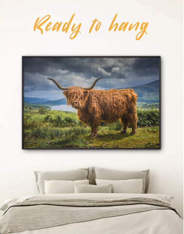 Framed Highland Cow on Pasture Canvas Wall Art