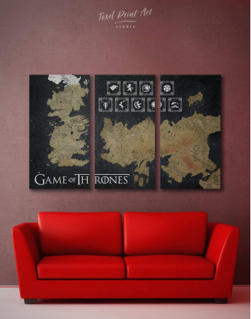 3 Pieces Game of Thrones Map with Houses Sigil Canvas Wall Art