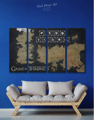 4 Panels Game of Thrones Map with Houses Sigil Canvas Wall Art
