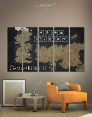 5 Panels Game of Thrones Map with Houses Sigil Canvas Wall Art