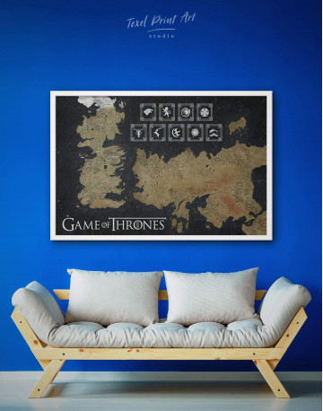 Framed Game of Thrones Map with Houses Sigil Canvas Wall Art