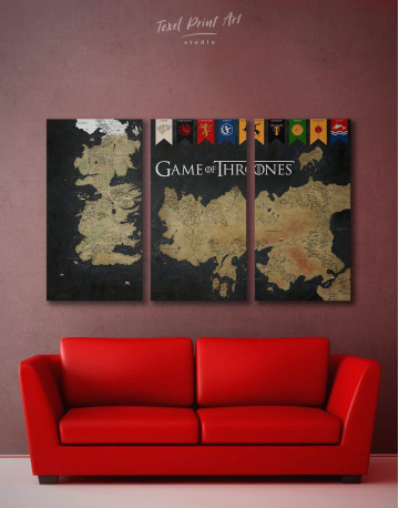 3 Panels Games of Thrones Map with House Flags Canvas Wall Art