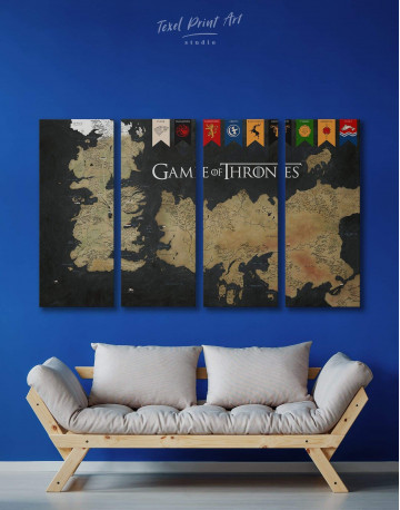 4 Panels Games of Thrones Map with House Flags Canvas Wall Art