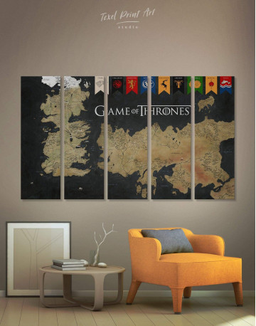 5 Pieces Games of Thrones Map with House Flags Canvas Wall Art