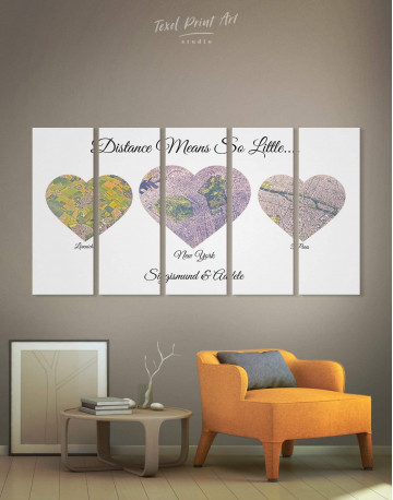 5 Panels Heart Map Canvas Wall Art