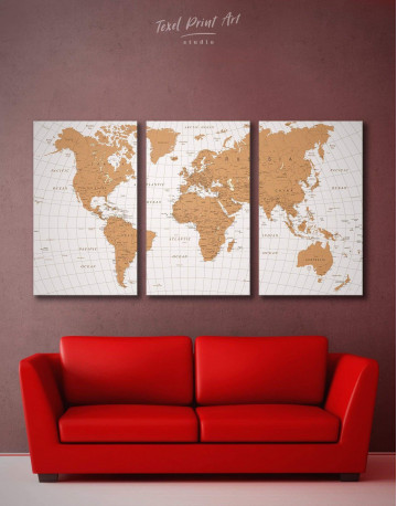 3 Panels Gold Detailed World Map Canvas Wall Art