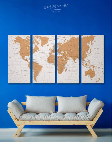 4 Panels Gold Detailed World Map Canvas Wall Art