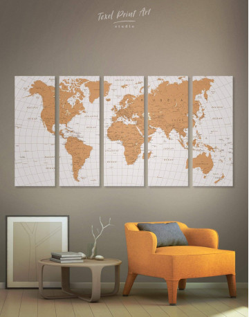 5 Panels Gold Detailed World Map Canvas Wall Art