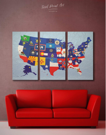 3 Panels USA Map with Flags Canvas Wall Art