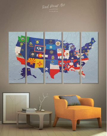 5 Panels USA Map with Flags Canvas Wall Art