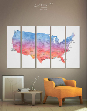5 Panels Colorful USA Map Canvas Wall Art