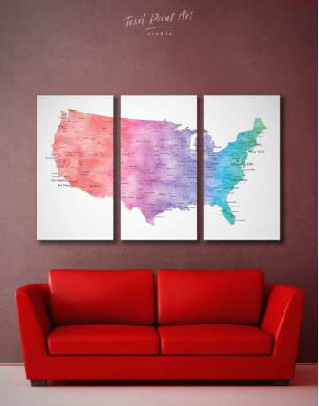 3 Panels Colorful Travel Map of the USA Canvas Wall Art
