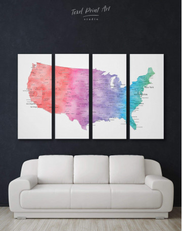 4 Pieces Colorful Travel Map of the USA Canvas Wall Art