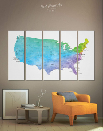 5 Panels Blue USA Map Canvas Wall Art