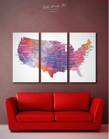 3 Panels USA States Map Canvas Wall Art