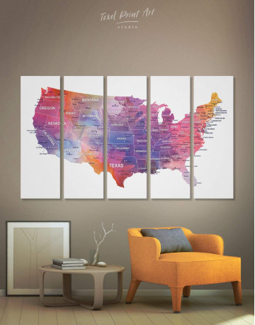 5 Panels USA States Map Canvas Wall Art